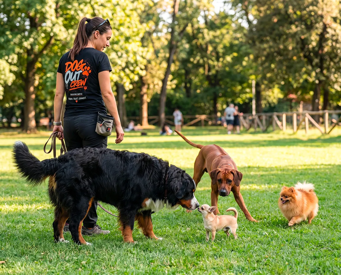 Educatrice Dog Out con un gruppo di cani al parco