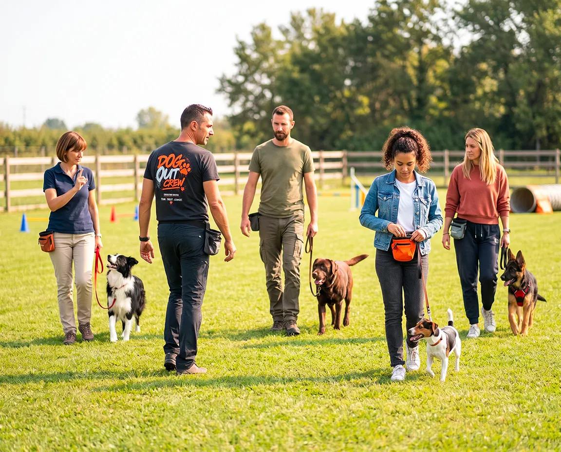 Educatori e allievi con i loro cani durante la parte pratica