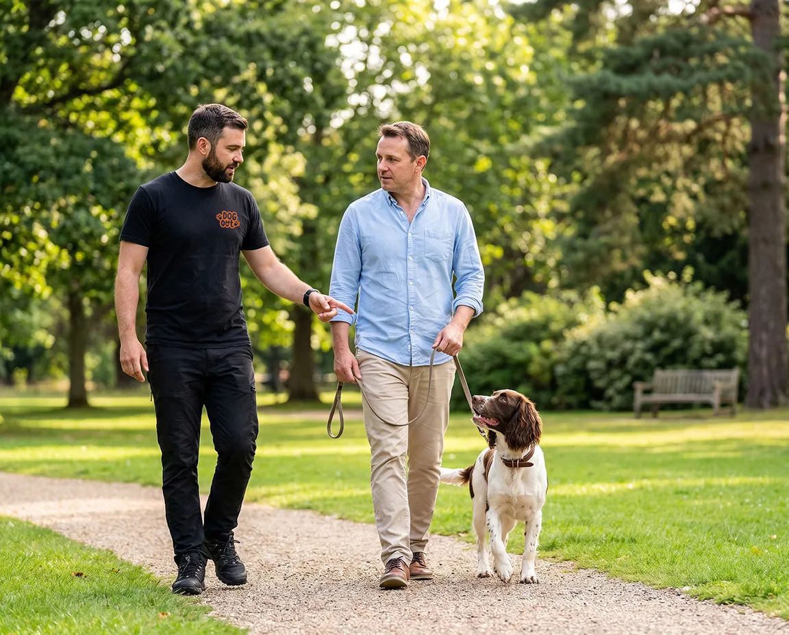 Educatore Dog Out a passeggio con un proprietario e il suo cane
