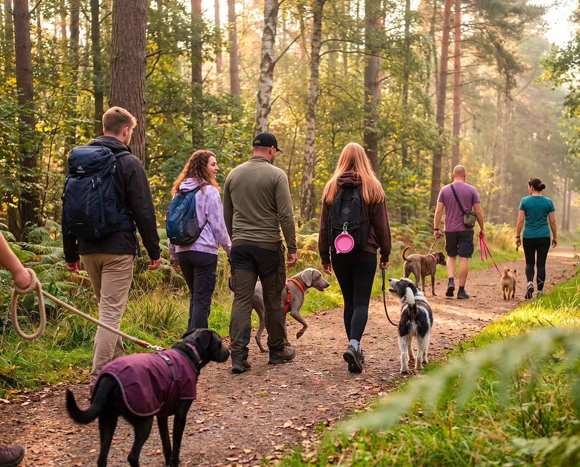 Proprietari e cani in passeggiata nel bosco