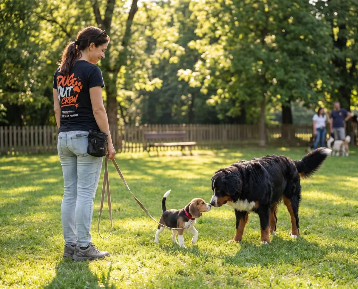 Un cucciolo di beagle al guinzaglio annusa un bovaro del Bernese